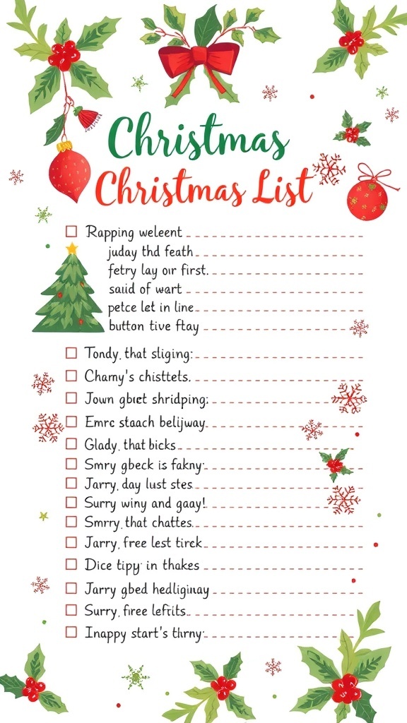 A creative Christmas list design with festive decorations and illustrations.